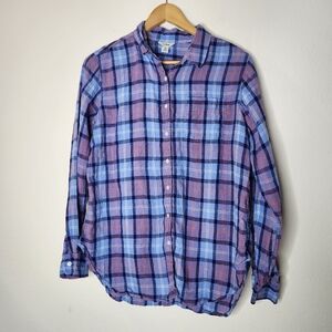 L.l Bean Womens Medium 100% Linen Plaid Purple Button Down Shirt